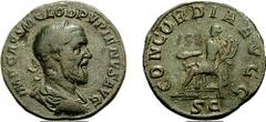 PUPIENUS. 238 AD. Æ Sestertius (22.42 gm, 2h). Estimate $300 PUPIENUS. 238 AD. Æ Sestertius (22.42 gm, 2h). Laureate, draped, and cuirassed bust right / Concordia seated left, holding patera and doubl