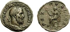 PUPIENUS. 238 AD. Æ Sestertius (17.54 gm, 12h). Estimate $400 PUPIENUS. 238 AD. Æ Sestertius (17.54 gm, 12h). Laureate, draped, and cuirassed bust right / Pax seated left, holding branch and sceptre. 