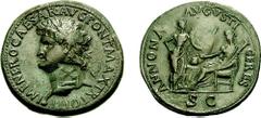NERO. 54-68 AD. Æ Sestertius (27.02 gm, 7h). Lugdunum (Lyon) mint. Struck 66 AD. Estimate $1000  NERO. 54-68 AD. Æ Sestertius (27.02 gm, 7h). Lugdunum (Lyon) mint. Struck 66 AD. Laureate head left, gl