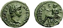 NERO. 54-68 AD. Æ Semis (3.81 gm, 6h). Rome mint. Struck circa 64 AD. Estimate $300 NERO. 54-68 AD. Æ Semis (3.81 gm, 6h). Rome mint. Struck circa 64 AD. Laureate head right / Roma seated left on cuir