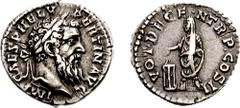 PERTINAX. 193 AD. AR Denarius (3.52 gm, 12h). Estimate $1000 PERTINAX. 193 AD. AR Denarius (3.52 gm, 12h). Laureate head right / Pertinax standing left, sacrificing out of patera over altar to left. R