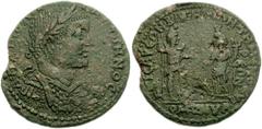 LYDIA, Bagis. Gallienus. 253-268 AD. Homonoia with Temenothyrae in Phrygia. Æ 37mm (31.08 g). Laureate, draped and cuirassed bust right / Mên standing right, holding sceptre and resting right foot on 