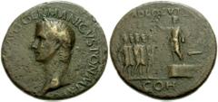 GAIUS (CALIGULA). 37-41 AD. Æ Sestertius (35mm, 24.60 g). Struck 37-38 AD. Laureate head left / Gaius standing left on daïs with camp chair behind, addressing five soldiers standing right, holding par