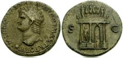 NERO. 54-68 AD. Æ Sestertius (34mm, 26.70 g, 7h). Lugdunum (Lyon) mint. Struck circa 66 AD. Laureate head left, globe at point of bust / Triumphal arch surmounted by statue of emperor in quadriga acco