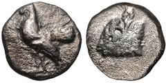 Greek TROAS, Dardanos. 5th century BC. AR Tetartemorion (6mm, 0.18 g, 11h). Cock standing left / Incuse head of calf left. SNG Ashmolean –; SNG München 173; SNG Copenhagen –. VF, toned, porous. Rare.
