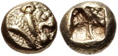 Greek KINGS of LYDIA. Alyattes. Circa 620/10-564/53 BC. EL Hemihekte – Twelfth Stater (7.5mm, 1.20 g). Sardes mint. Head of roaring lion right; [legend to right] / Incuse square. Weidauer Group XVII, 
