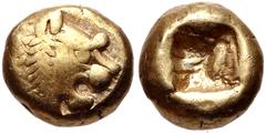 Greek KINGS of LYDIA. temp. Alyattes – Kroisos. Circa 620/10-550/39 BC. EL Hemihekte – Twelfth Stater (7mm, 1.18 g). Sardes mint. Head of roaring lion right, sun with no rays on forehead / Incuse squa