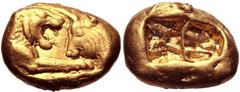 Greek KINGS of LYDIA. Kroisos. Circa 564/53-550/39 BC. AV Stater (16.5mm, 10.76 g). Heavy series. Sardes mint. Regular issue. Confronted foreparts of lion and bull / Two incuse squares. Berk 2; Le Rid