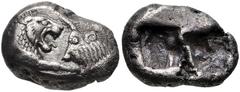 Greek KINGS of LYDIA. Kroisos. Circa 564/53-550/39 BC. AR Third Stater (15mm, 3.34 g). Sardes mint. Confronted foreparts of lion right and bull left / Two incuse squares of unequal size. Berk 24; SNG 
