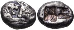 Greek KINGS of LYDIA. Kroisos. Circa 564/53-550/39 BC. AR Sixth Stater (11mm, 1.73 g). Sardes mint. Confronted foreparts of lion right and bull left / Two incuse squares. Berk 25; SNG Ashmolean 773 (P