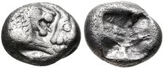 Greek KINGS of LYDIA. Kroisos. Circa 564/53-550/39 BC. AR Twelfth Stater (8mm, 0.83 g). Sardes mint. Confronted foreparts of lion and bull / Incuse square. Berk 26–7; SNG Ashmolean 775 (Persian Period