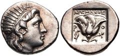 Greek ISLANDS off CARIA, Rhodos. Rhodes. Circa 188-170 BC. AR Drachm (15mm, 3.30 g, 12h). 'Plinthophoric' coinage. Agemachos, magistrate. Radiate head of Helios right / Rose with bud to right; AΓEMAXO