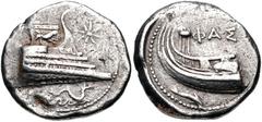 Greek LYCIA, Phaselis. 4th century BC. AR Stater (23mm, 10.33 g, 5h). Prow of galley right, fighting platform decorated with lion at bay right; eight-rayed star to right; below, ketos right above wave