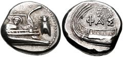Greek LYCIA, Phaselis. 4th century BC. AR Stater (20mm, 10.37 g, 10h). Prow of galley right, fighting platform decorated with facing gorgoneion; to right, cicada upward / Stern of galley left, with wr