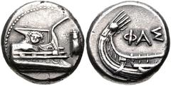 Greek LYCIA, Phaselis. 4th century BC. AR Stater (20mm, 10.40 g, 6h). Prow of galley right, fighting platform decorated with facing gorgoneion; to right, cicada upward / Stern of galley left; ΦAΣ abov