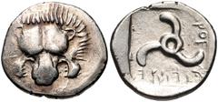 Greek DYNASTS of LYCIA. Aruwatijesi. Circa 400-370 BC. AR Third Stater (17mm, 3.16 g). Zagaba mint(?). Facing lion scalp / Triskeles within incuse square. Müseler VII, 60; cf. SNG Copenhagen Supp. 470