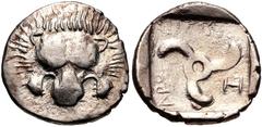 Greek DYNASTS of LYCIA. Aruwatijesi. Circa 400-370 BC. AR Third Stater (16.5mm, 3.12 g). Zagaba mint. Facing lion scalp / Triskeles; Z (in Lycian; mint) in one section; all within incuse square. Cf. M