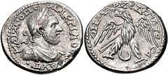 Roman Provincial PHOENICIA, Aradus. Macrinus. AD 217-218. AR Tetradrachm (27mm, 12.97 g, 7h). Laureate, draped, and cuirassed bust right / Eagle standing facing, head left, with wreath in beak and win