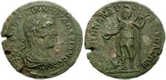 LYDIA, Nysa. Valerian I. 253-260 AD. Æ 36mm (24.73 g). Laureate, draped and cuirassed bust right / EΠ [Φ] MENANΔΡΠ-O-V B NVC AEΩN, MÍn standing left, holding patera and sceptre, pouring libation on bu