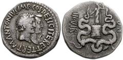 MARK ANTONY & OCTAVIA. 39 BC. AR Cistophoric Tetradrachm (26mm, 11.63 g). Ephesus mint. Conjoined busts of Antony and Octavia right / Dionysus standing left on cista between twisting snakes. RPC I 220