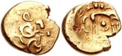 CELTIC, Britain. Iceni. Uninscribed. Circa 65-45 BC. AV Stater (17mm, 6.07 g, 3h). Norfolk Wolf type. Devolved head of Apollo right / Wolf standing right; pellets, leaf, and bean above, pellet and cre