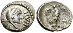 CELTIC BRITAIN. Catuvellauni. Epaticcus. Circa 25-35 AD. AR Unit (12mm, 1.27 g, 7h). Head of Hercules right, wearing lion's skin headdress / Eagle standing facing, slightly right, head left, wings dis