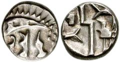 CELTIC, Britain. Durotriges. Uninscribed. 1st century BC-1st century AD. AR Quarter Stater (10mm, 1.37 g, 6h). Geometric type. Crescent design / Zig-zag pattern; bird left. Hobbs 2734; Van Arsdell 124