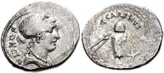 T. Carisius. Circa 46 BC. AR Denarius (20mm, 4.07 g). Head of Juno right / Minting implements, all within wreath: wreathed cap of Vulcan, resembling reverse die, above moneyerís anvil between tongs an