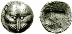 TAURIC CHERSONESOS. Pantikapaion. Circa 480-470 BC. AR Triobol (2.85 g). Estimate $1000  TAURIC CHERSONESOS. Pantikapaion. Circa 480-470 BC. AR Triobol (2.85 g). Facing lion's head / Rough incuse punc