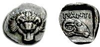 TAURIC CHERSONESOS. Pantikapaion. Circa 390-380 BC. AR Hemiobol (0.38 g, 6h). Estimate $300  TAURIC CHERSONESOS. Pantikapaion. Circa 390-380 BC. AR Hemiobol (0.38 g, 6h). Facing lion's head / Ran's he