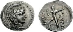 THESSALY, The Ainianes. Circa 168-146 BC. AR Didrachm (7.55 g, 12h). Estimate $2000 THESSALY, The Ainianes. Circa 168-146 BC. AR Didrachm (7.55 g, 12h). Helmeted head of Athena Parthenos right, [NIKA]