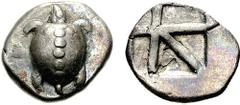 ISLANDS off ATTICA. Aegina. Circa 480-457 BC. AR Stater (12.15 g, 6h). Estimate $1500  ISLANDS off ATTICA. Aegina. Circa 480-457 BC. AR Stater (12.15 g, 6h). Sea turtle with 'T-pattern' shell / Large 
