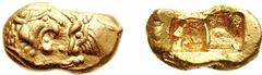 KINGS of LYDIA. Time of Kroisos to Cambyses. Circa 560-525 BC. AV Stater (8.03 g). Light Series. Sardes mint. Estimate $3000 KINGS of LYDIA. Time of Kroisos to Cambyses. Circa 560-525 BC. AV Stater (8