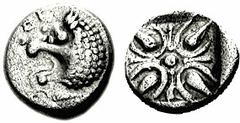 SATRAPS of CARIA. Hekatomnos. 395-377 BC. AR Sixth Stater ­ Diobol (2.08 g). Milesian standard. Estimate $300  SATRAPS of CARIA. Hekatomnos. 395-377 BC. AR Sixth Stater ­ Diobol (2.08 g). Milesian sta