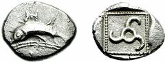 DYNASTS of LYCIA. Uncertain. Circa 500-440 BC. AR Third Stater (3.04 g). Estimate $300 DYNASTS of LYCIA. Uncertain. Circa 500-440 BC. AR Third Stater (3.04 g). Dolphin left; Lycian letters above, two 