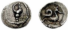 DYNASTS of LYCIA, Uncertain. Circa 380-370 BC. AR Obol (0.56 g). Estimate $200  DYNASTS of LYCIA, Uncertain. Circa 380-370 BC. AR Obol (0.56 g). Murex shell / Sea serpent (ketos?). Unpublished, but cf