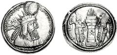 [Medieval] SASANIAN KINGS. Bahram I. 273-276 AD. AR Drachm (4.21 g, 3h). Estimate $200 [Medieval] SASANIAN KINGS. Bahram I. 273-276 AD. AR Drachm (4.21 g, 3h). Crowned bust right; fravahr (wreath) sym