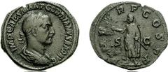 GORDIAN I. 238 AD. Æ Sestertius (18.60 g, 12h). Estimate $1500  GORDIAN I. 238 AD. Æ Sestertius (18.60 g, 12h). Laureate, draped, and cuirassed bust right / Gordian standing front, head left, holding 