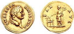 TITUS. As Caesar, 69-79 AD. AV Aureus (7.30 g, 12h). Rome mint. Struck 73 AD. Estimate $3000 TITUS. As Caesar, 69-79 AD. AV Aureus (7.30 g, 12h). Rome mint. Struck 73 AD. Laureate head right / Pax sta
