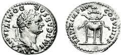DOMITIAN. 81-96 AD. AR Denarius (3.35 g, 7h). Struck 81 AD. Estimate $300  DOMITIAN. 81-96 AD. AR Denarius (3.35 g, 7h). Struck 81 AD. Laureate head right / Tripod, upon which sit two ravens and wreat