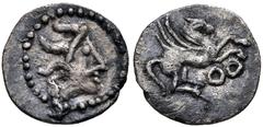 Greek IBERIA, Gaulish-Iberian Imitations. Late 3rd-1st centuries BC. AR Tetartemorion (6.5mm, 0.15 g, 12h). Imitating Emporion. Male head right / Pegasos flying right; two circles below. ACIP 526. Goo