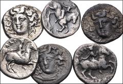 Greek THESSALY. Lot of six (6) silver coins. Head of the nymph Larissa facing slightly right / All coins: LARISSA. AR Trihemiobol. Head of the nymph Larissa facing slightly left / Warrior on horse rea