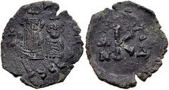 Byzantine Constans II, with Constantine IV. 641-668. Æ Half Follis (23mm, 3.29 g, 6h). Syracuse mint. Dated IY 4 (AD 660/1). Crowned facing half-length busts of Constans II, holding globus cruciger, a