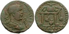 CILICIA, Aegeae. Valerian I. 253-260 AD. Æ 27mm (15.52 g). Laureate, draped and cuirassed bust right; sepent-staff before / Prize-crown with two palms on table; amphora below, purse to either side. Fo