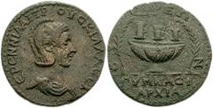 CILICIA, Syedra. Herennia Etruscilla, wife of Trajan Decius. Augusta, 249-251 AD. Æ 28mm (16.96 g). Draped bust right / Three one-handed cylindrical cups of different sizes placed on Gymnasiarch's oil