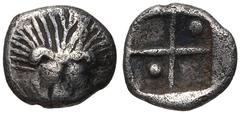 Greek CIMMERIAN BOSPOROS, Pantikapaion. Circa 470-460 BC. AR Tetartemorion (6.5mm, 0.28 g). Facing lion scalp / Quadripartite incuse square, pellet in two opposite angles. Frolova, frühe, Type IV; Ano