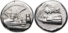 Greek LYCIA, Phaselis. 4th century BC. AR Stater (20.5mm, 10.45 g, 7h). Prow of galley right, fighting platform decorated with facing gorgoneion; to right, cicada upward / Stern of galley left; ΦAΣ ab