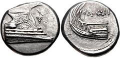 Greek LYCIA, Phaselis. 4th century BC. AR Stater (22mm, 10.27 g, 5h). Prow of galley right, fighting platform decorated with wreath; grape bunch on vine to right / Stern of galley left; tripod and ΦAΣ