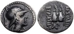 Oriental Greek BAKTRIA, Greco-Baktrian Kingdom. Eukratides I Megas. Circa 170-145 BC. AR Obol (12mm, 0.66 g, 12h). Diademed and draped bust right, wearing crested helmet helmet adorned with bull's hor