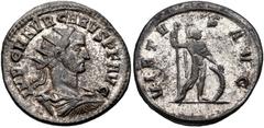 Roman Imperial Carus. AD 282-283. Antoninianus (22mm, 4.25 g, 6h). Ticinum mint. 1st emission, September/October AD 282. IMP C M AVR CARVS P F AVG, radiate, draped, and cuirassed bust right / VIRTV-S 